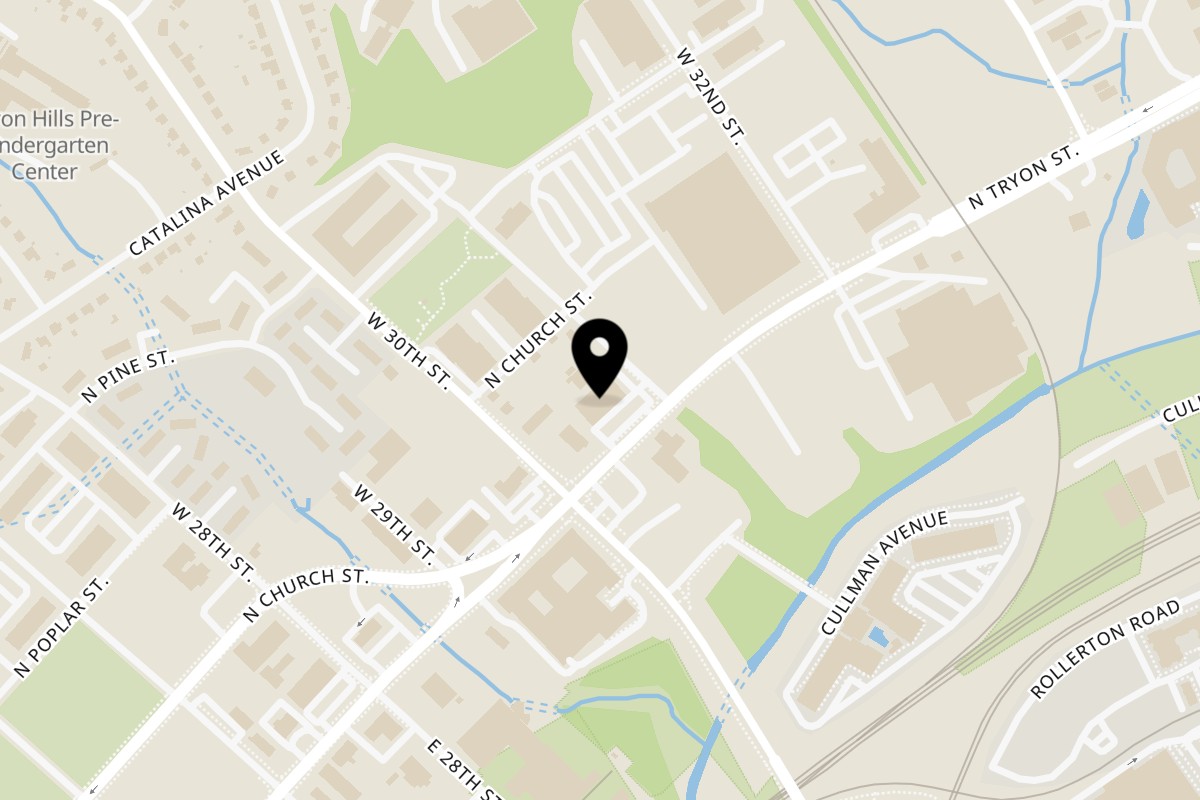 Map showing the location of Irie Nation Restaurant & Bar N Tryon St on 2729 N Tryon St in Charlotte
